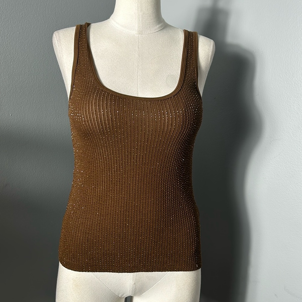 Ralph Lauren Brown Ribbed Tank Top with Subtle Sparkle